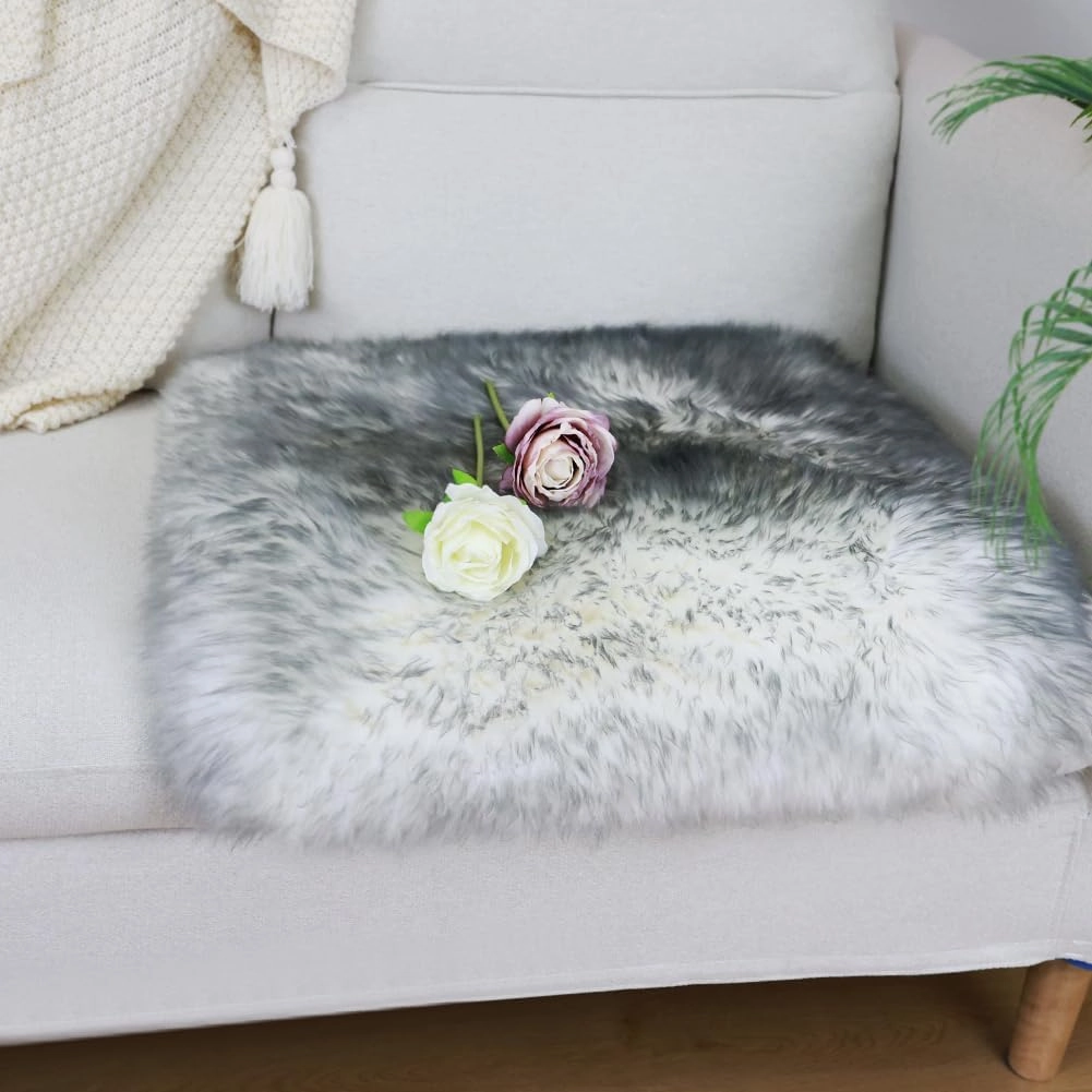 Square Fur Sheepskin Chair Cover Seat Cushion Pad Super Soft Area Rugs for Living Bedroom Sofa 18" x 18" (Gray Tip, 18" x 18" (Pack of 1))
