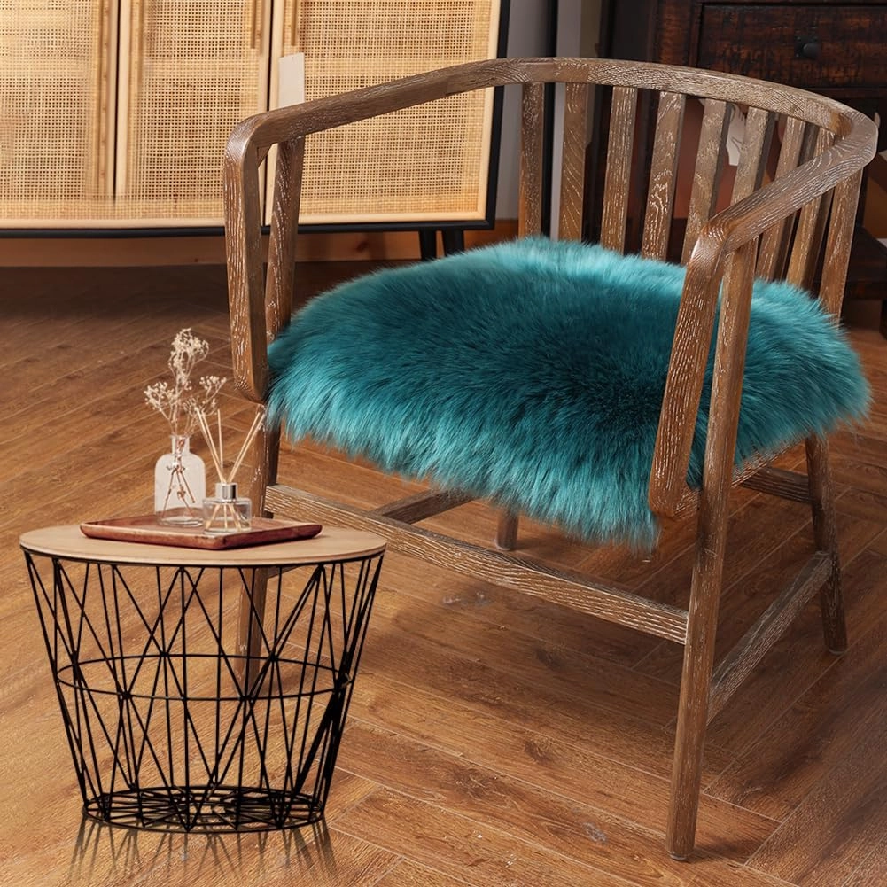 Square Fur Sheepskin Chair Cover Seat Cushion Pad Super Soft Area Rugs for Living Bedroom Sofa 18" x 18" (Pack of 1), Dark Aquamarine
