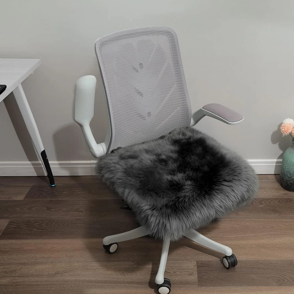 Square Fur Sheepskin Chair Cover Seat Cushion Pad Super Soft Area Rugs for Living Bedroom Sofa 18" x 18" (Pack of 1), Dark Gray