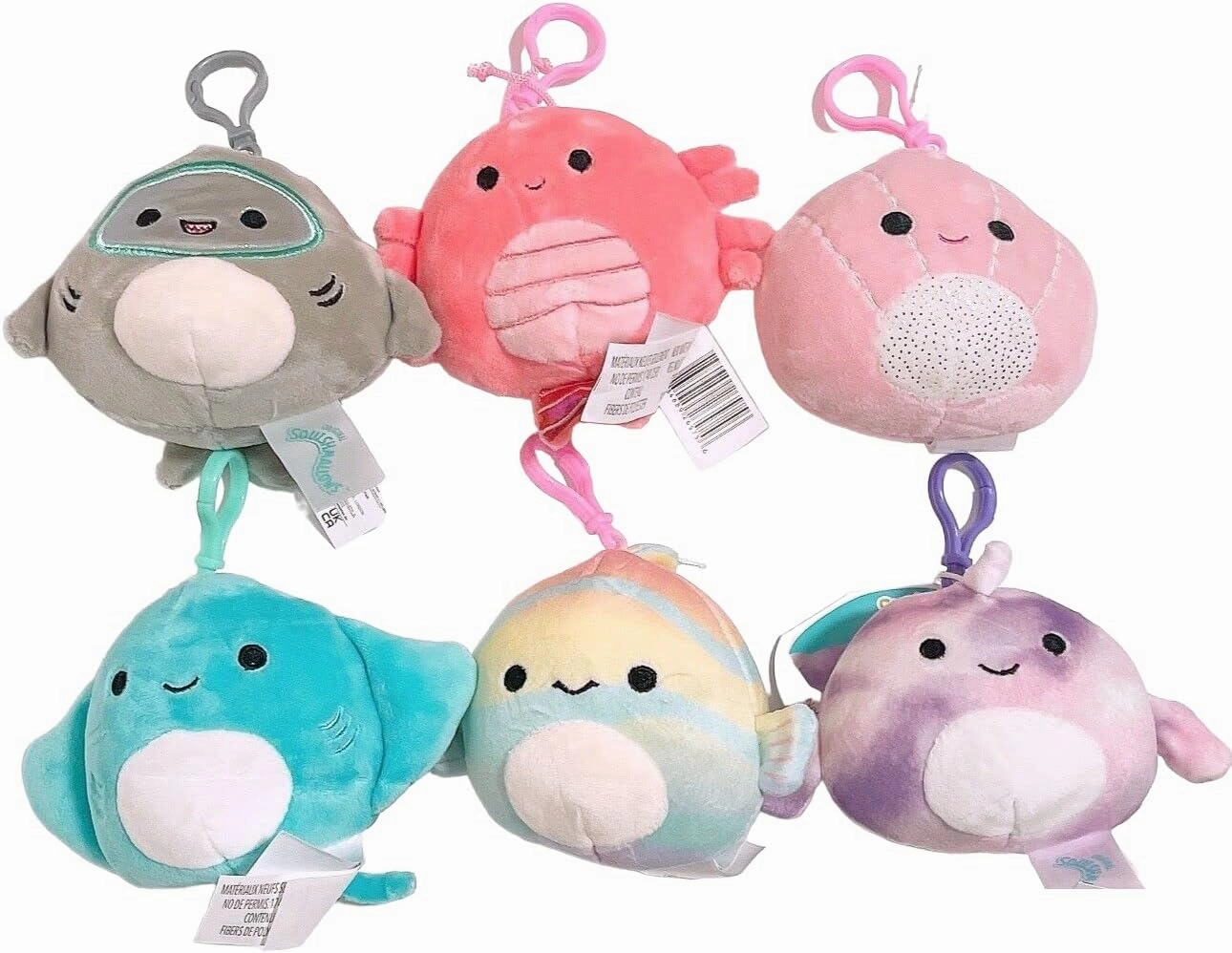 Squishmallows Kellytoy 3.5/'' Assorted Squad Clip On Keychain Mini Plush Doll (Set 6 Sealife Squad A) (SQCP00096)