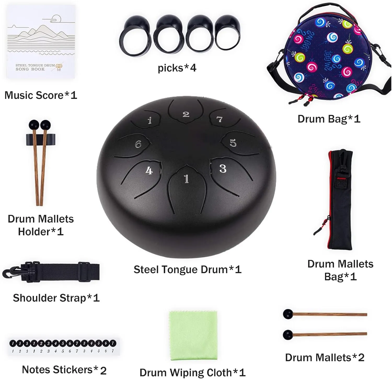Steel Tongue Drum Kids Instrument: Musical Metal Tank Drums Set 6 Inch 8 Notes C-Key for Meditation Yoga Education Percussion with Bag, Music Book, Mallets, Finger Picks(Black)