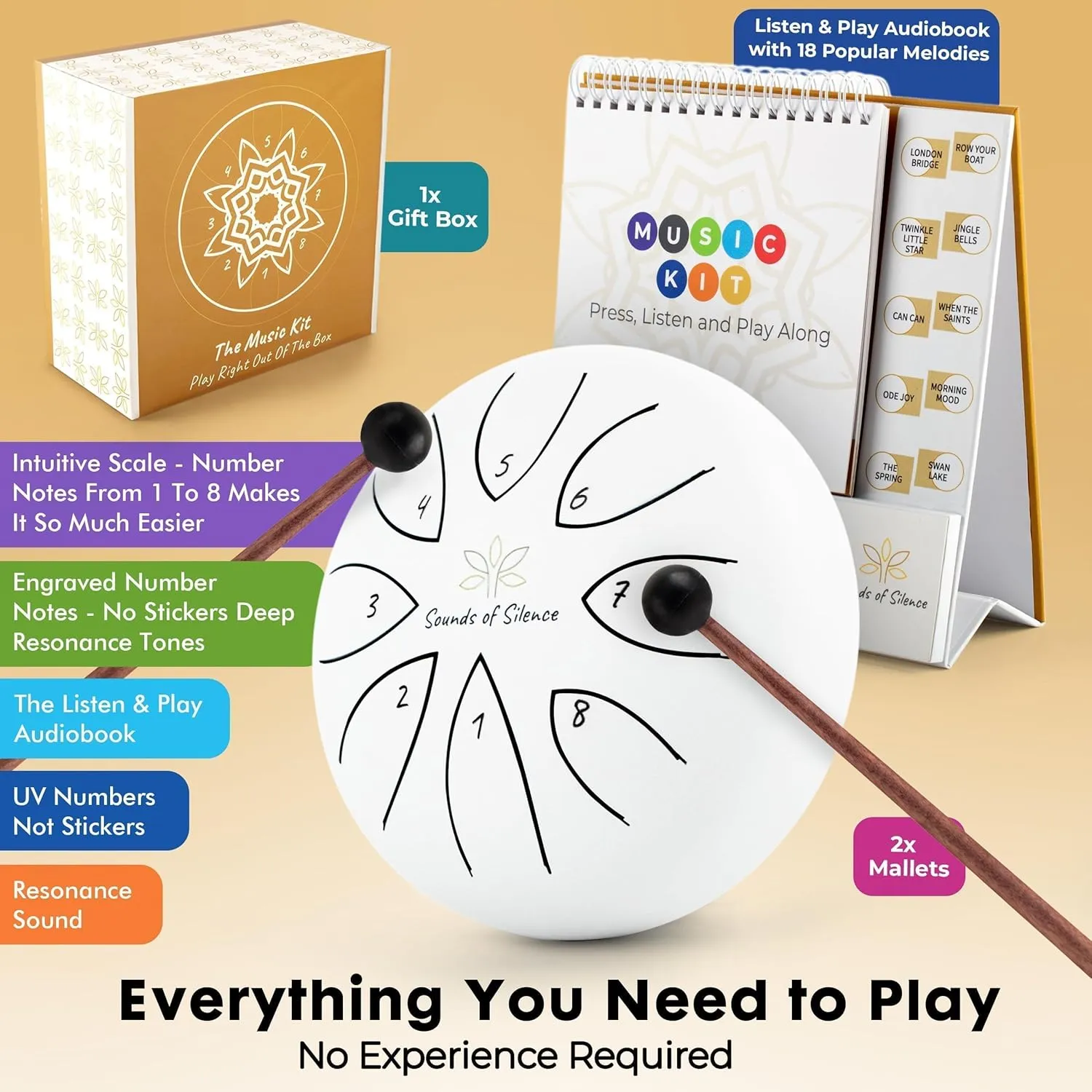 Steel Tongue Drum Music Kit with Audio Songbook Stand, Listen And Play Popular Tunes, Gifts for Music Lovers, Steel Drum For Kids And Adults, Music Therapy Tools, Musical Gift
