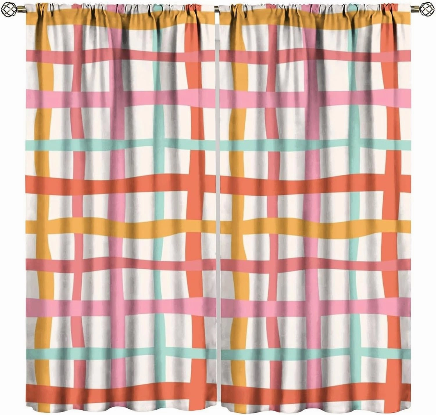 Stripes Wavy Plaid Curtains Rainbow Mid Century Modern Minimalist Geometry Kids Blackout Window Drapes for Bedroom Living Room Kitchen Cafe Decor （W31.5xL72 Inch） x2 Panels