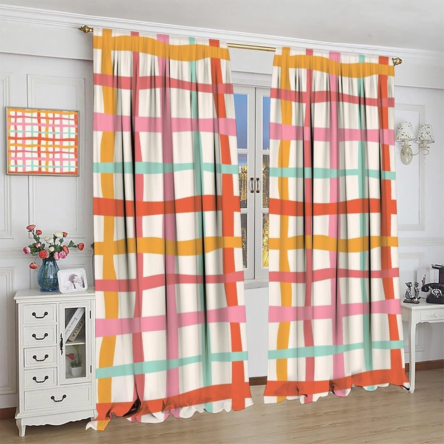 Stripes Wavy Plaid Curtains Rainbow Mid Century Modern Minimalist Geometry Kids Blackout Window Drapes for Bedroom Living Room Kitchen Cafe Decor （W31.5xL72 Inch） x2 Panels
