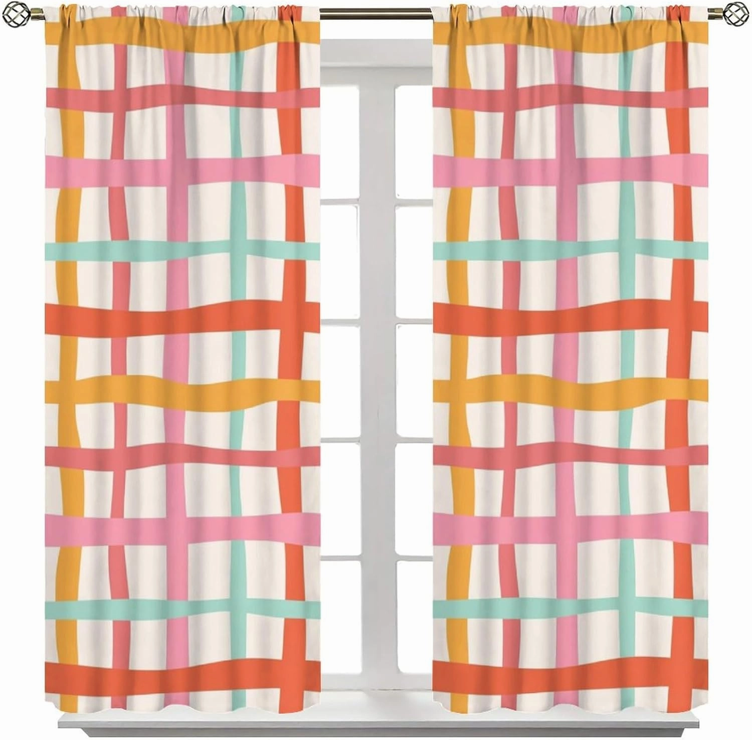 Stripes Wavy Plaid Curtains Rainbow Mid Century Modern Minimalist Geometry Kids Blackout Window Drapes for Bedroom Living Room Kitchen Cafe Decor （W31.5xL72 Inch） x2 Panels