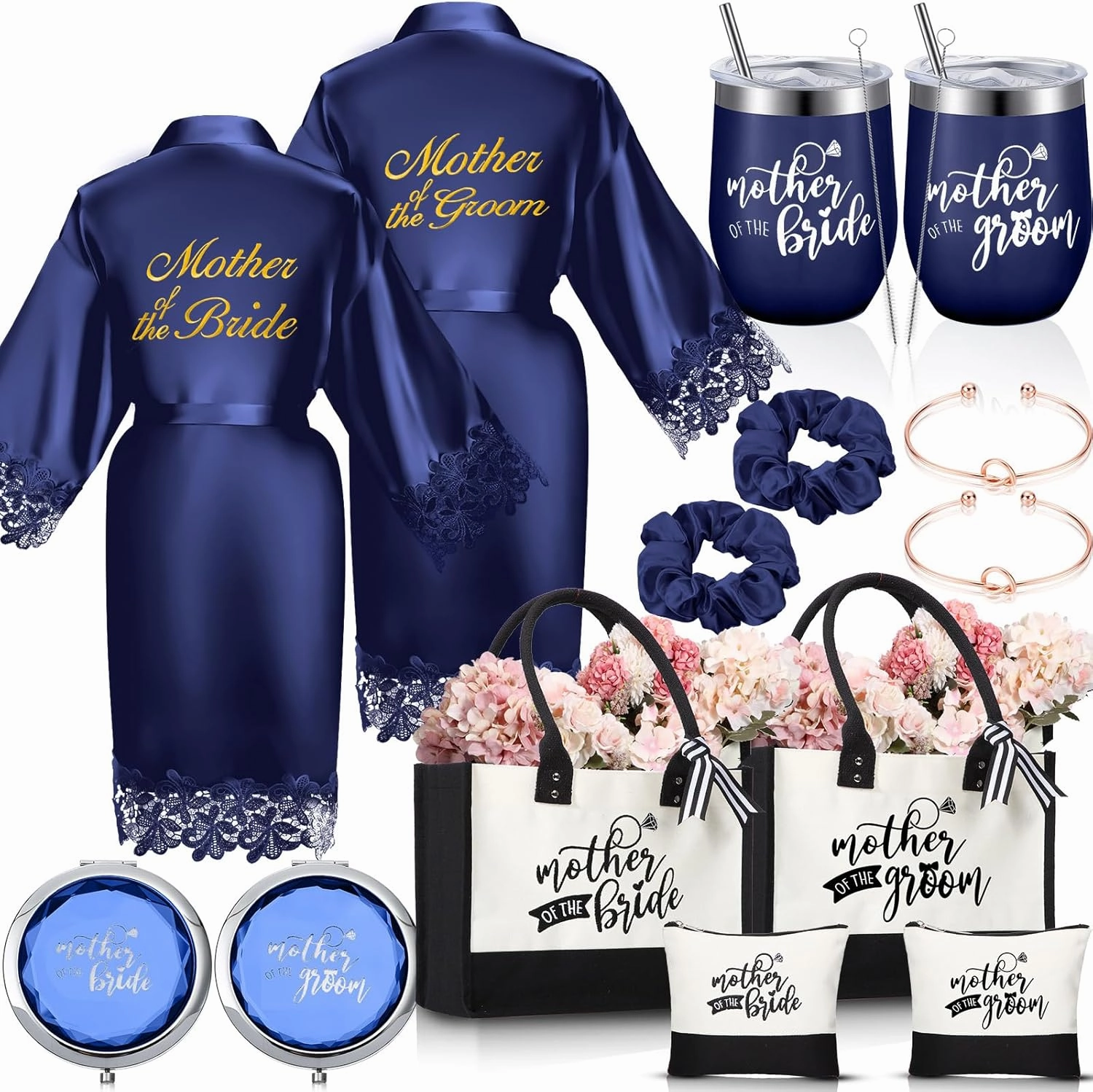 Suhine 14 Pcs Mother of The Bride and Groom Gifts Set Wedding Satin Robe Canvas Tote Bag with Makeup Bag 12 oz Tumbler Cup Small Makeup Mirror Scrunchies Knot Bracelet Wedding Gift for Mom(Navy Blue)