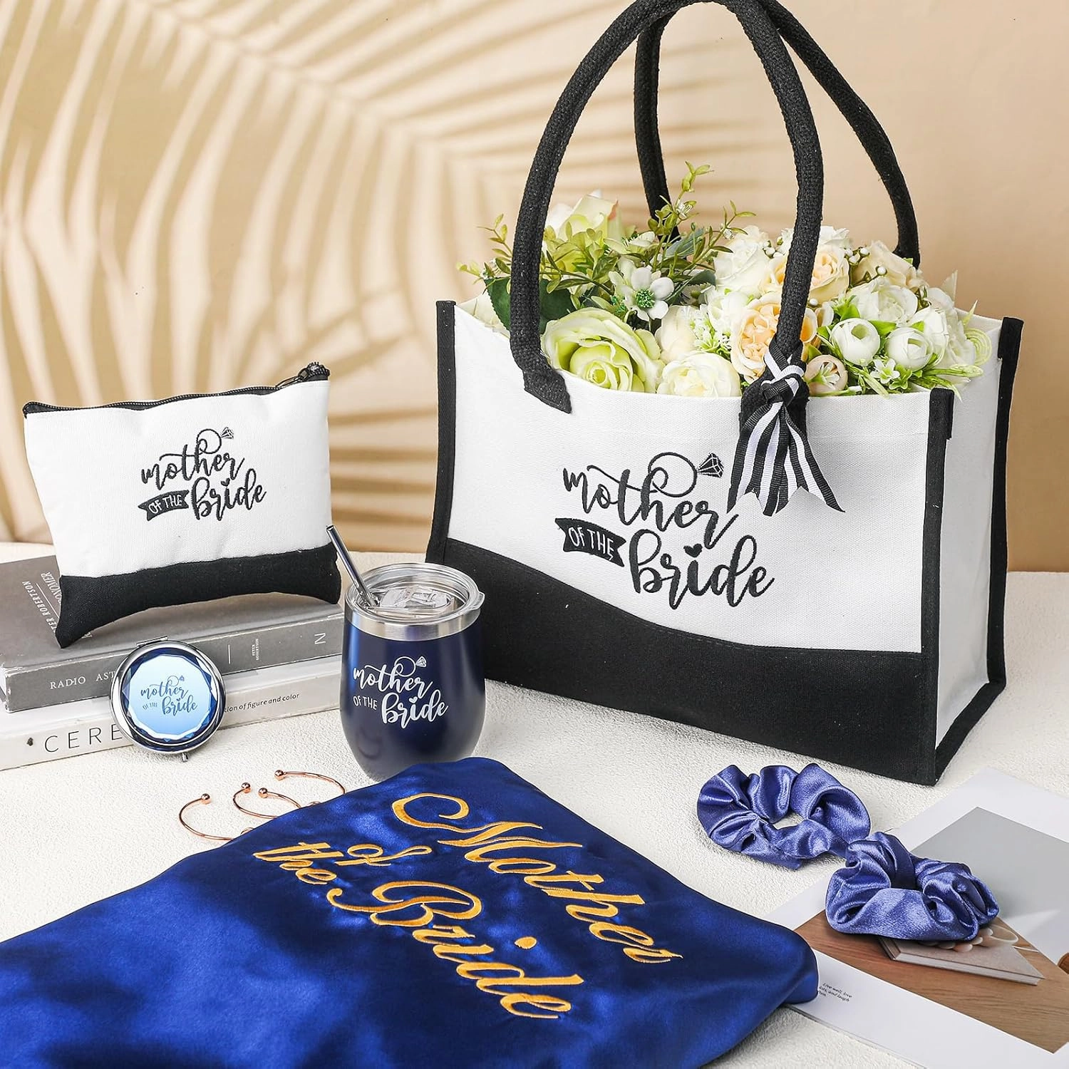 Suhine 14 Pcs Mother of The Bride and Groom Gifts Set Wedding Satin Robe Canvas Tote Bag with Makeup Bag 12 oz Tumbler Cup Small Makeup Mirror Scrunchies Knot Bracelet Wedding Gift for Mom(Navy Blue)