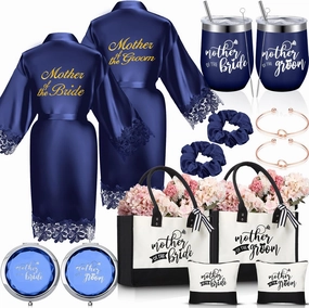 Suhine 14 Pcs Mother of The Bride and Groom Gifts Set Wedding Satin Robe Canvas Tote Bag with Makeup Bag 12 oz Tumbler Cup Small Makeup Mirror Scrunchies Knot Bracelet Wedding Gift for Mom(Navy Blue)