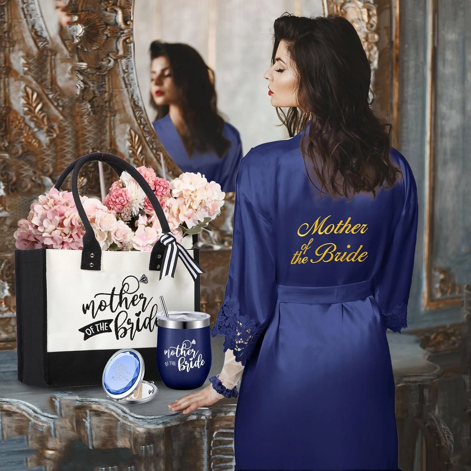 Suhine 14 Pcs Mother of The Bride and Groom Gifts Set Wedding Satin Robe Canvas Tote Bag with Makeup Bag 12 oz Tumbler Cup Small Makeup Mirror Scrunchies Knot Bracelet Wedding Gift for Mom(Navy Blue)