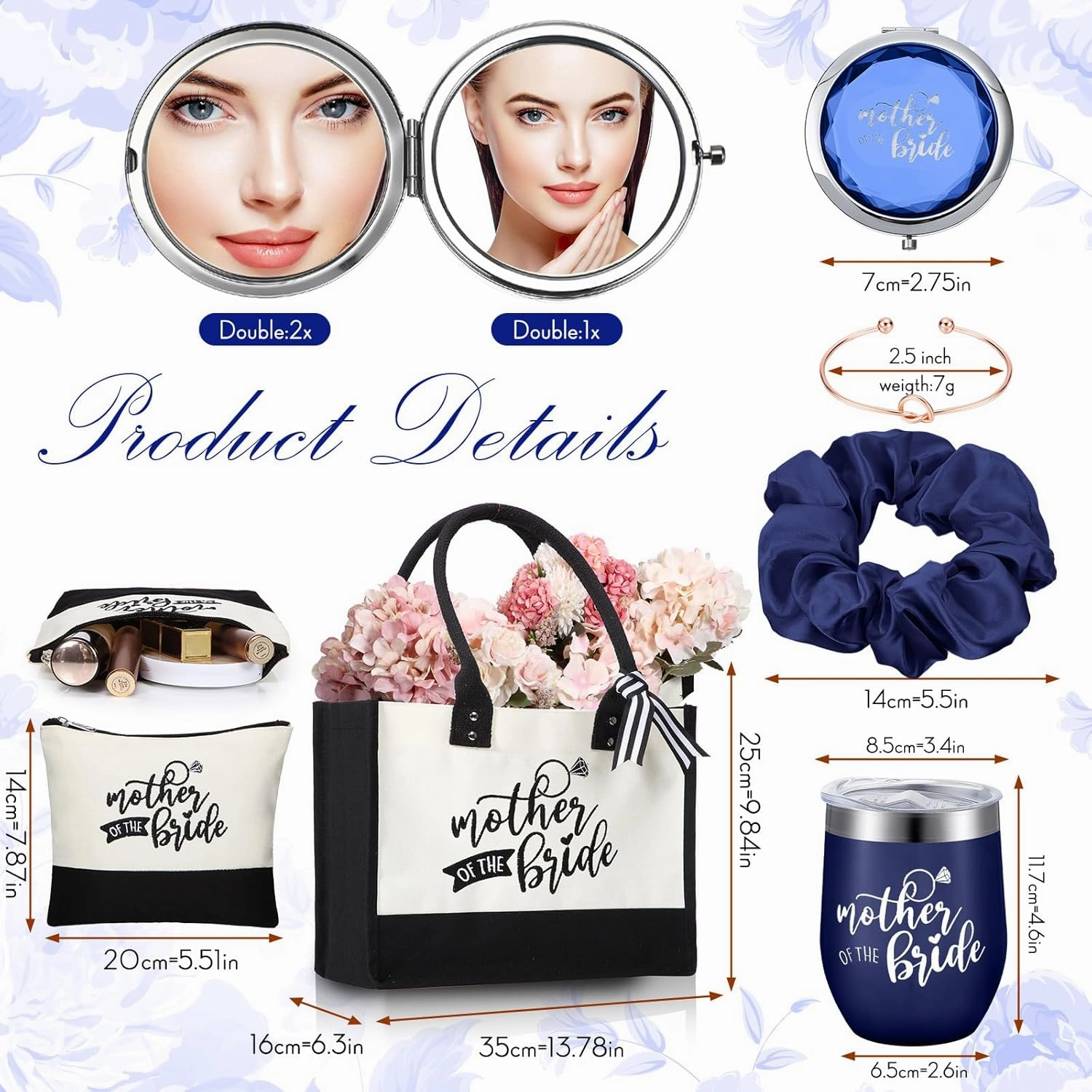 Suhine 14 Pcs Mother of The Bride and Groom Gifts Set Wedding Satin Robe Canvas Tote Bag with Makeup Bag 12 oz Tumbler Cup Small Makeup Mirror Scrunchies Knot Bracelet Wedding Gift for Mom(Navy Blue)