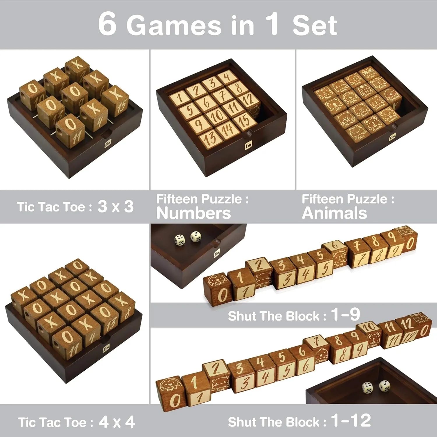 Super SIX : Wooden Multi Board Game: Tic Tac Toe   Shut The Block   15 Number Sliding Puzzles for Kids and Family