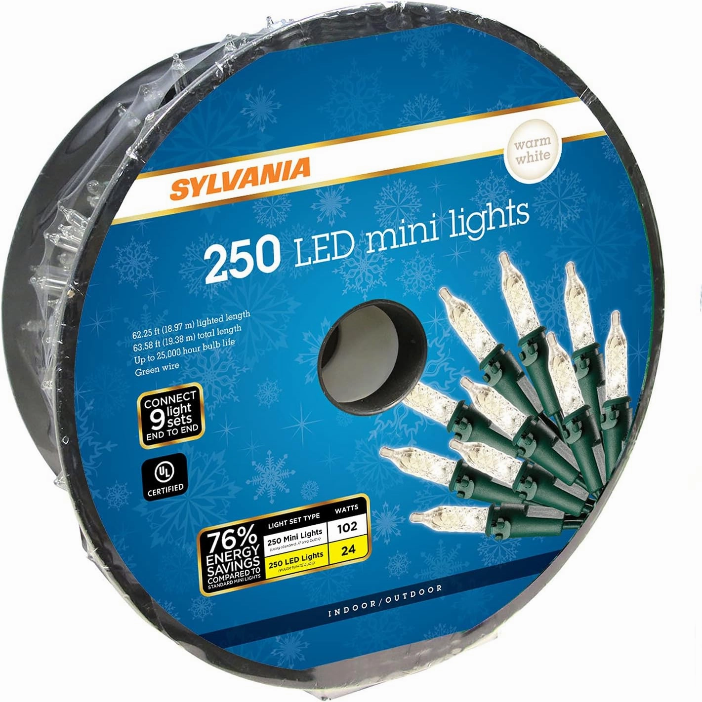SYLVANIA Christmas Lights, Warm White LED 250 Lt Mini Set, Green Wire, 63.58' total length, For Indoor and Outdoor use