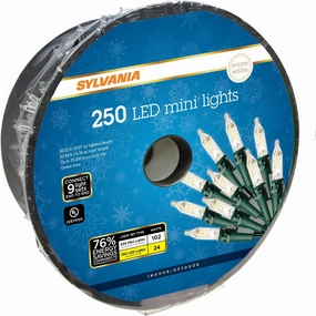 SYLVANIA Christmas Lights, Warm White LED 250 Lt Mini Set, Green Wire, 63.58' total length, For Indoor and Outdoor use