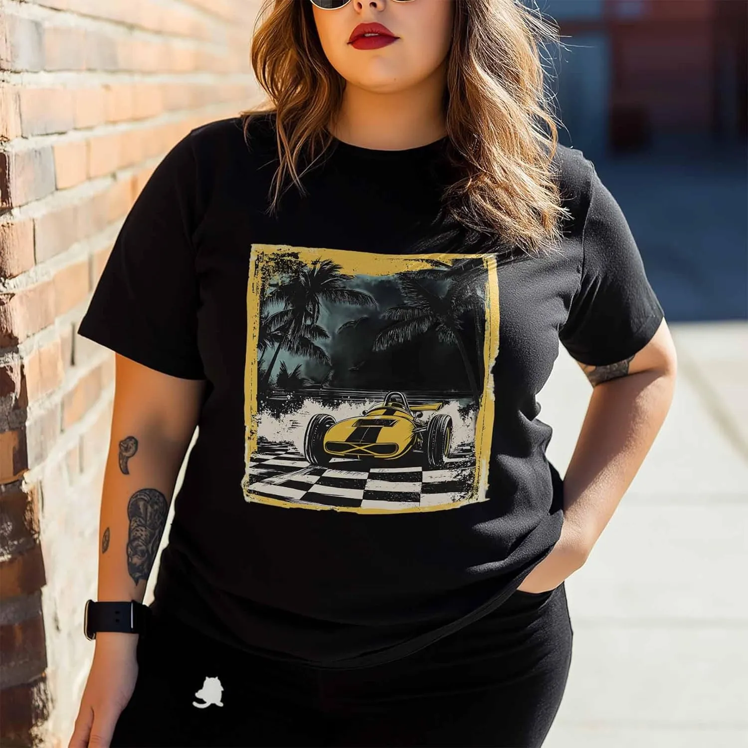T-Shirts for Women Palm Trees Yellow Racing Car Women's Tops Crew Neck Short Sleeve Tees
