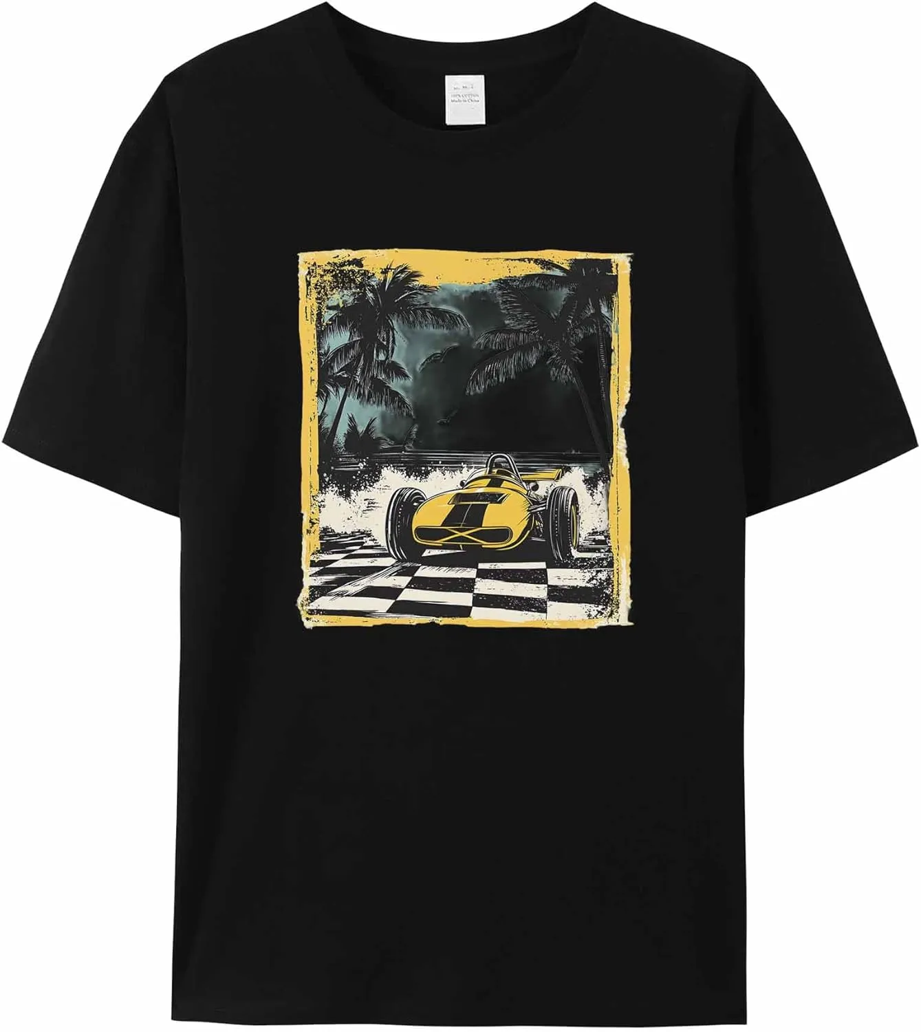 T-Shirts for Women Palm Trees Yellow Racing Car Women's Tops Crew Neck Short Sleeve Tees