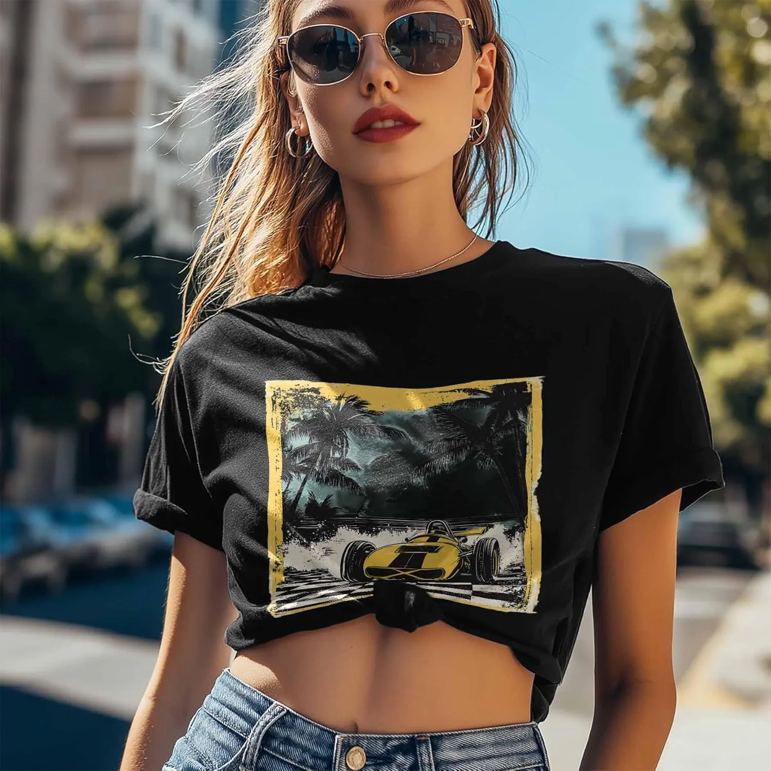 T-Shirts for Women Palm Trees Yellow Racing Car Women's Tops Crew Neck Short Sleeve Tees