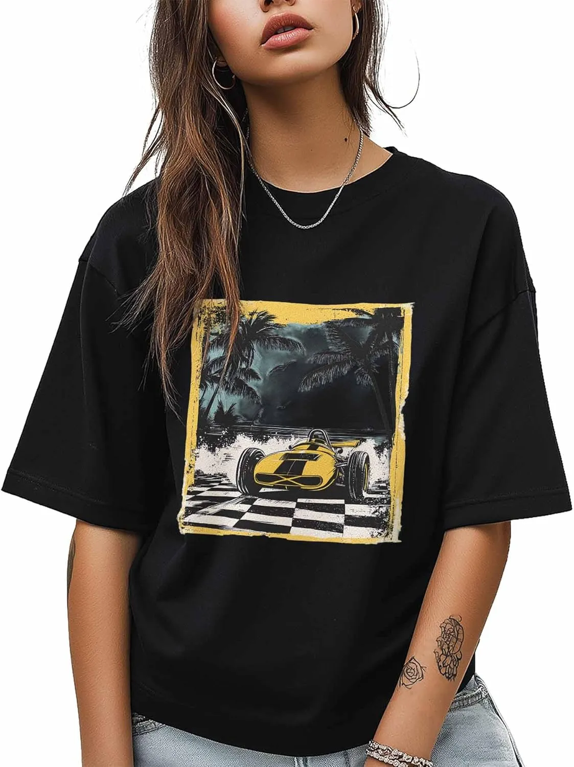 T-Shirts for Women Palm Trees Yellow Racing Car Women's Tops Crew Neck Short Sleeve Tees