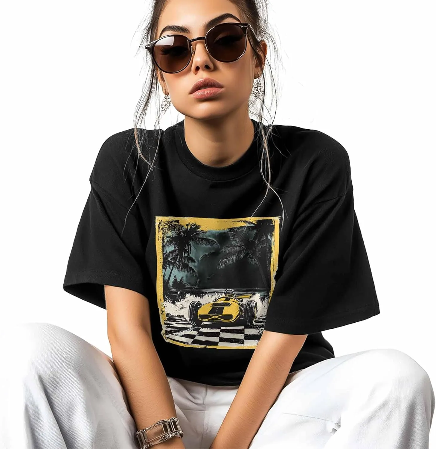 T-Shirts for Women Palm Trees Yellow Racing Car Women's Tops Crew Neck Short Sleeve Tees