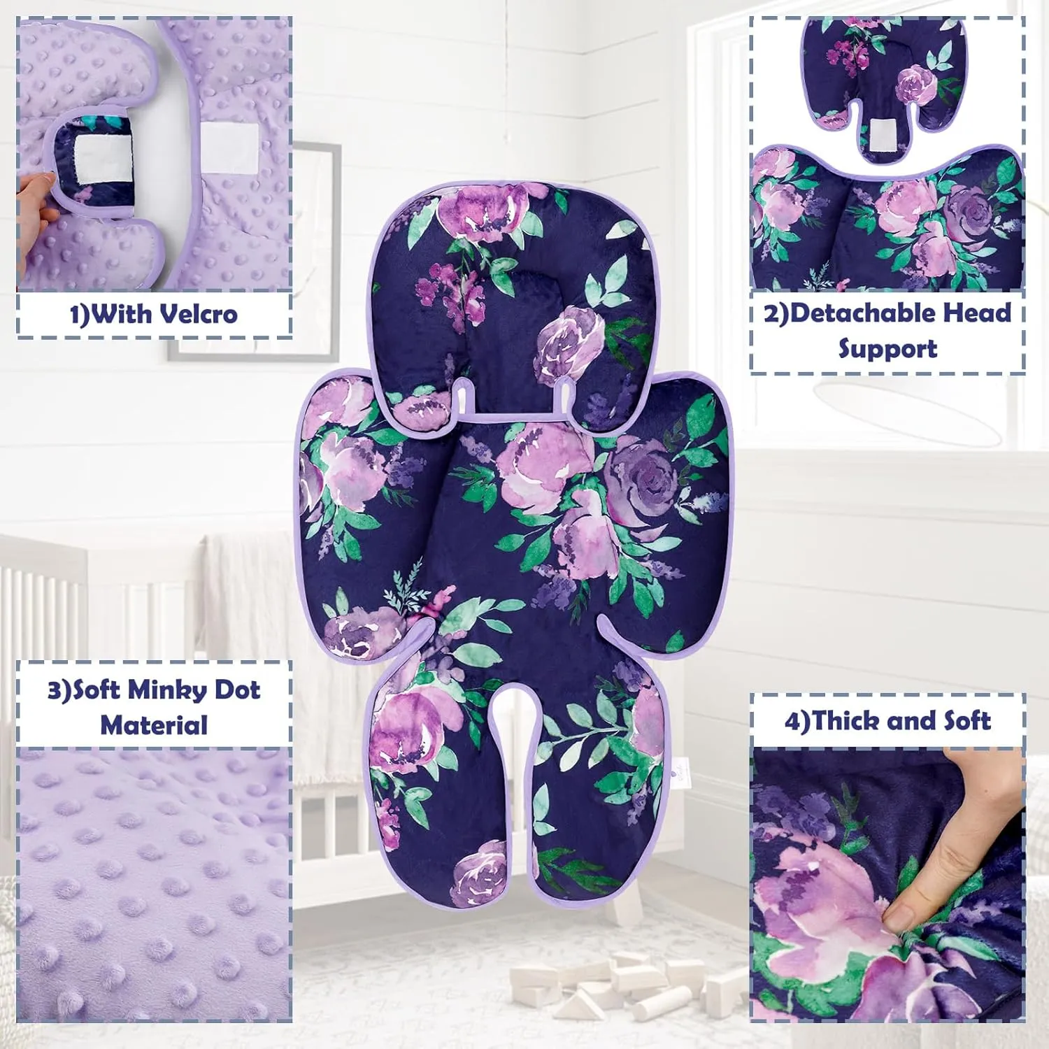 TANOFAR Carseat Head Support for Newborn, Soft Infant Car Seat Head Neck Body Support, Baby Car Seat Cushion Perfect for Car Seat, Stroller, Bouncer, 2-in-1 Reversible, Purple Floral