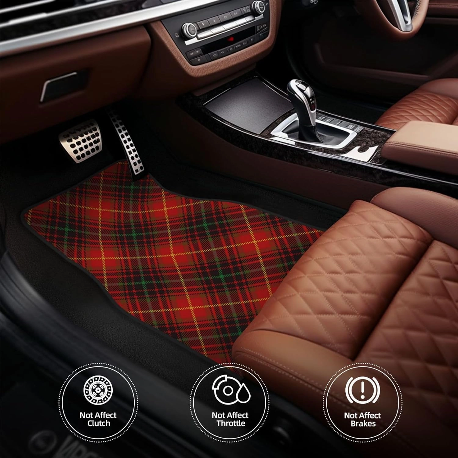 Tartan Red Green Gold and Black Color Plaid Flannel Shirt S Trend Car Front and Rear Floor Mats, Anti Slip Car Mats, Complete Set of 4 Carpets, All Weather Protection