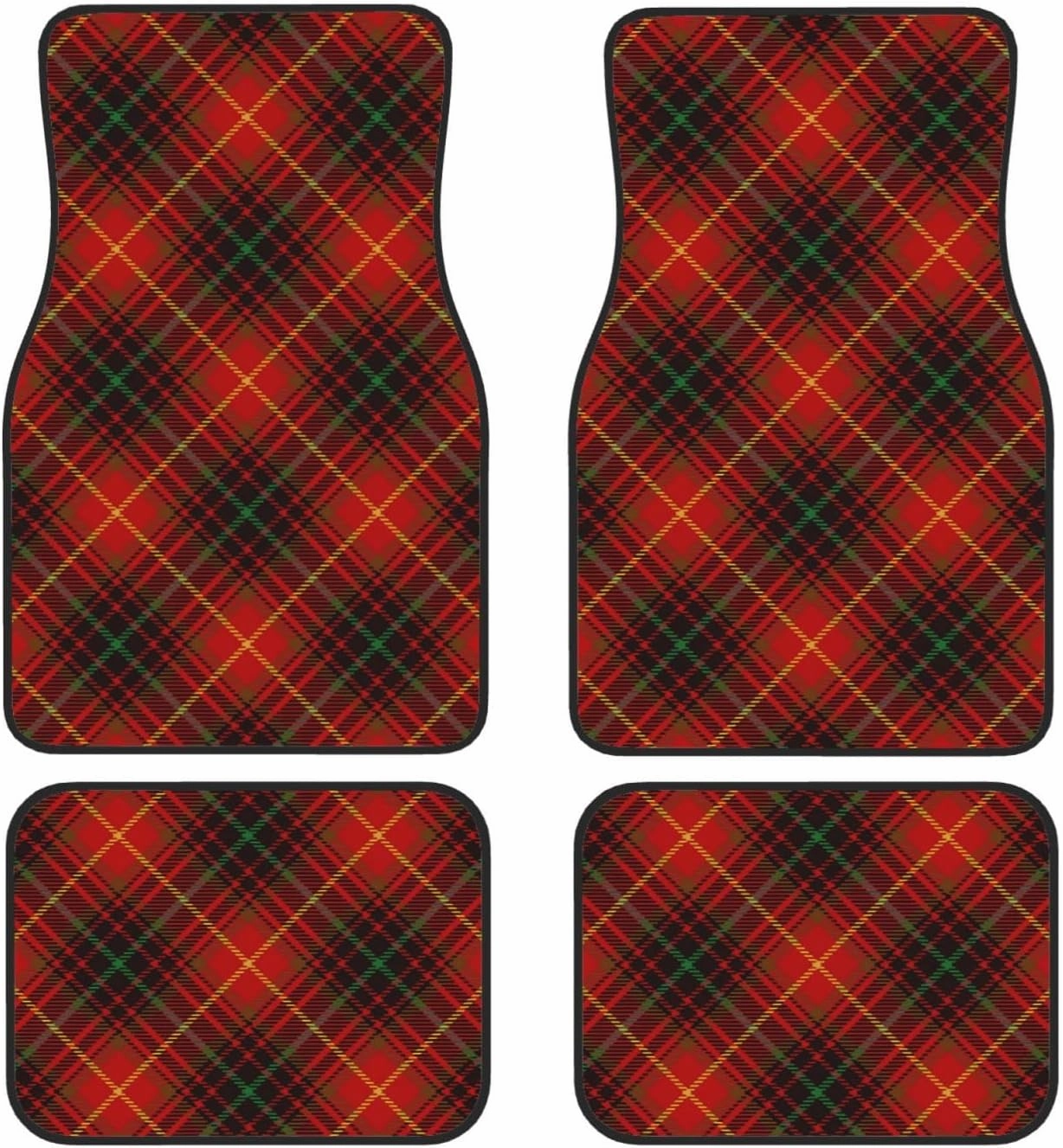 Tartan Red Green Gold and Black Color Plaid Flannel Shirt S Trend Car Front and Rear Floor Mats, Anti Slip Car Mats, Complete Set of 4 Carpets, All Weather Protection