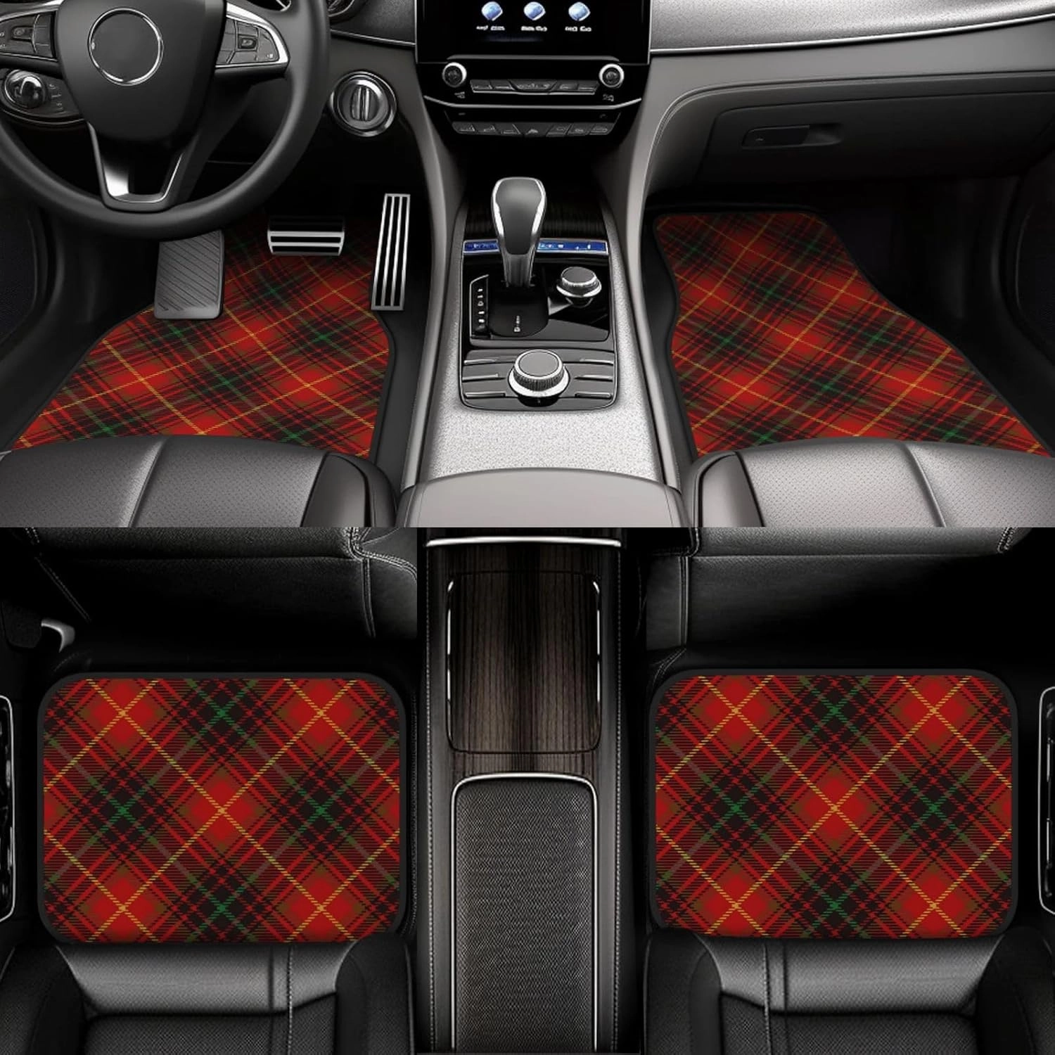 Tartan Red Green Gold and Black Color Plaid Flannel Shirt S Trend Car Front and Rear Floor Mats, Anti Slip Car Mats, Complete Set of 4 Carpets, All Weather Protection