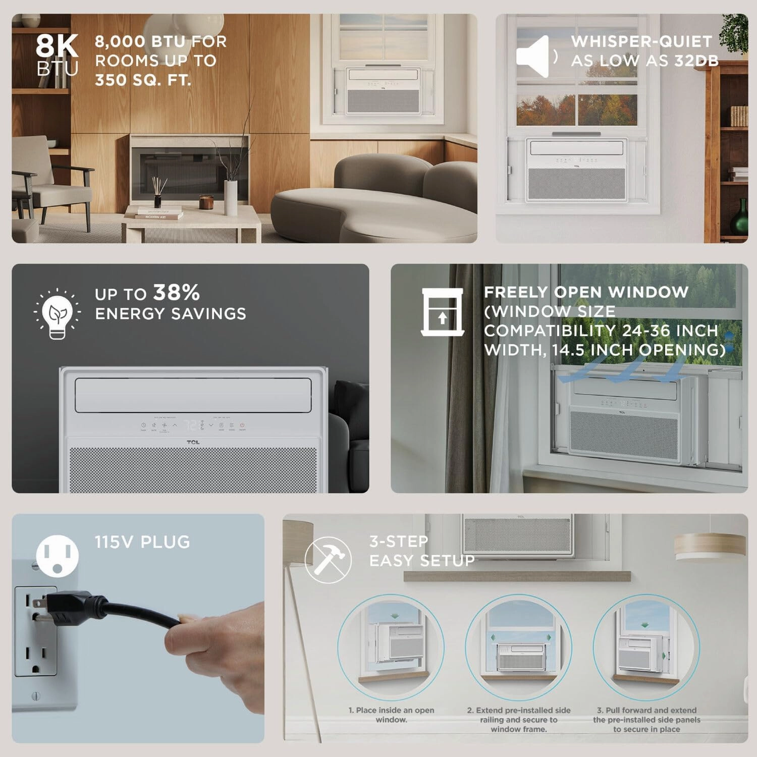 TCL H8W4KW 8,000 Q-Series Inverter AC, Ultra-Quiet 32dB Fan & 40dB, 38% Energy Saving, 3-Step Install, Open-able Window, Works with Smart Home Devices, Cools up to 350 Sq. Ft, 8000 BTU, Bright White