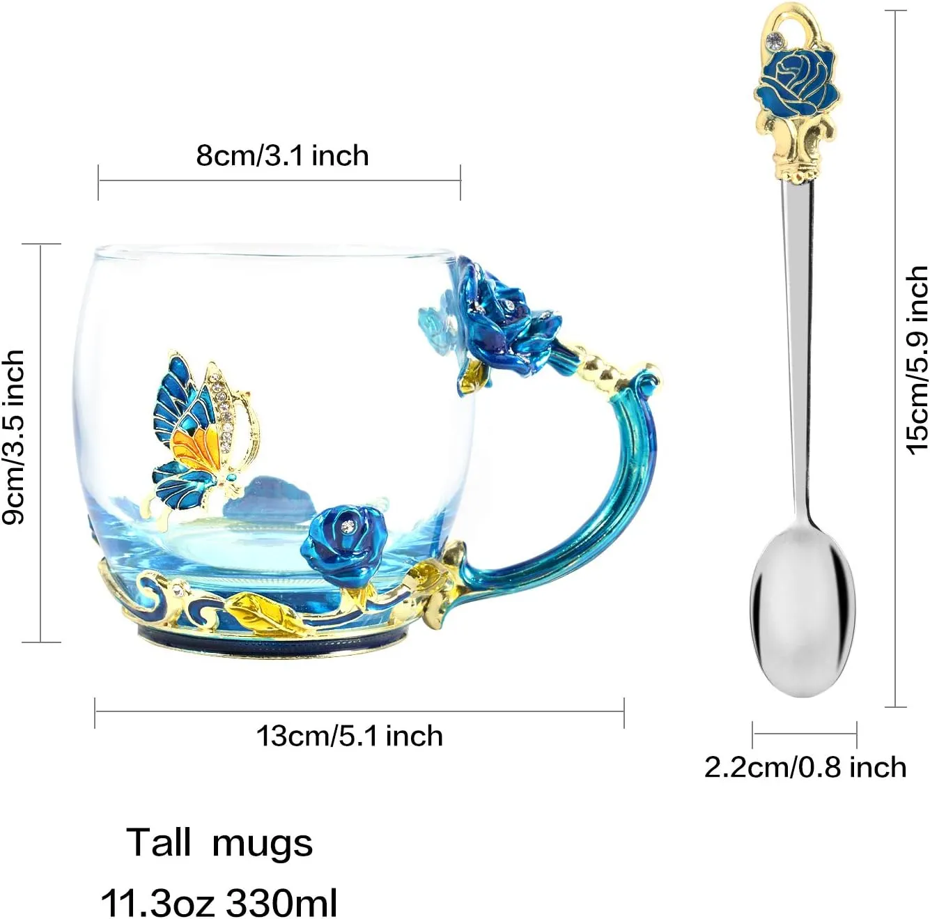 Tea Mug, Coffee Cup with Spoon Set Clear Glass Handmade Enamel Butterfly Flower,Mother's Day,Birthday,Christmas Gift(11 oz)…