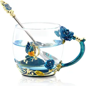 Tea Mug, Coffee Cup with Spoon Set Clear Glass Handmade Enamel Butterfly Flower,Mother's Day,Birthday,Christmas Gift(11 oz)…
