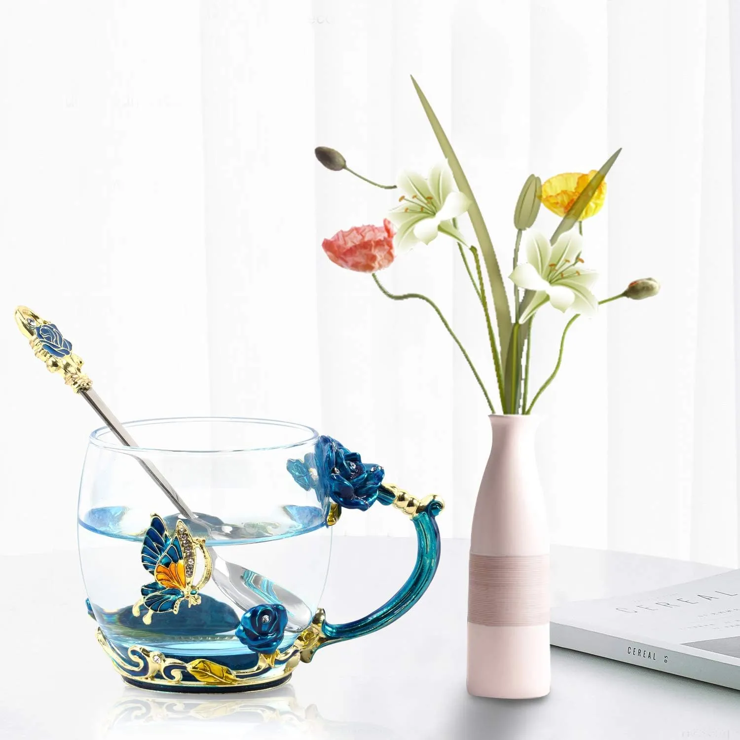 Tea Mug, Coffee Cup with Spoon Set Clear Glass Handmade Enamel Butterfly Flower,Mother's Day,Birthday,Christmas Gift(11 oz)…