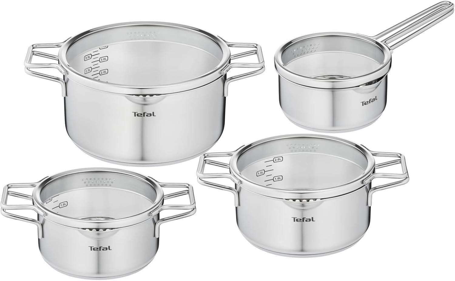 Tefal Nordica H852S855 8-Piece Cookware Set 16 cm Saucepan   18/20/24 cm Saucepans Stainless Steel   Glass Lids, Pouring Spouts, Easy Drip Induction