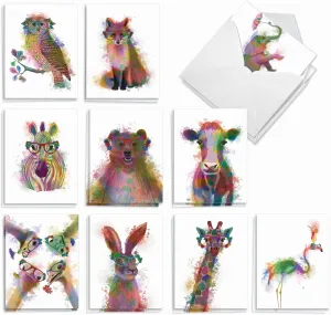 The Best Card Company - 20 Assorted Watercolor Animal Blank Notecards Box Set 4 x 5 In with Envelopes (10 Designs) Kids Camp Note Cards Stationery Set, Funky Rainbow Wildlife AM4948OCB-B2x10