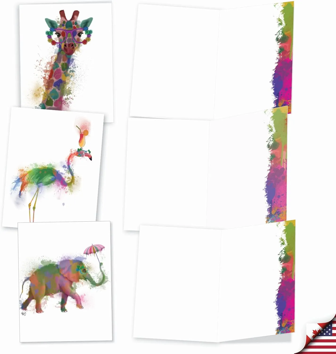 The Best Card Company - 20 Assorted Watercolor Animal Blank Notecards Box Set 4 x 5 In with Envelopes (10 Designs) Kids Camp Note Cards Stationery Set, Funky Rainbow Wildlife AM4948OCB-B2x10