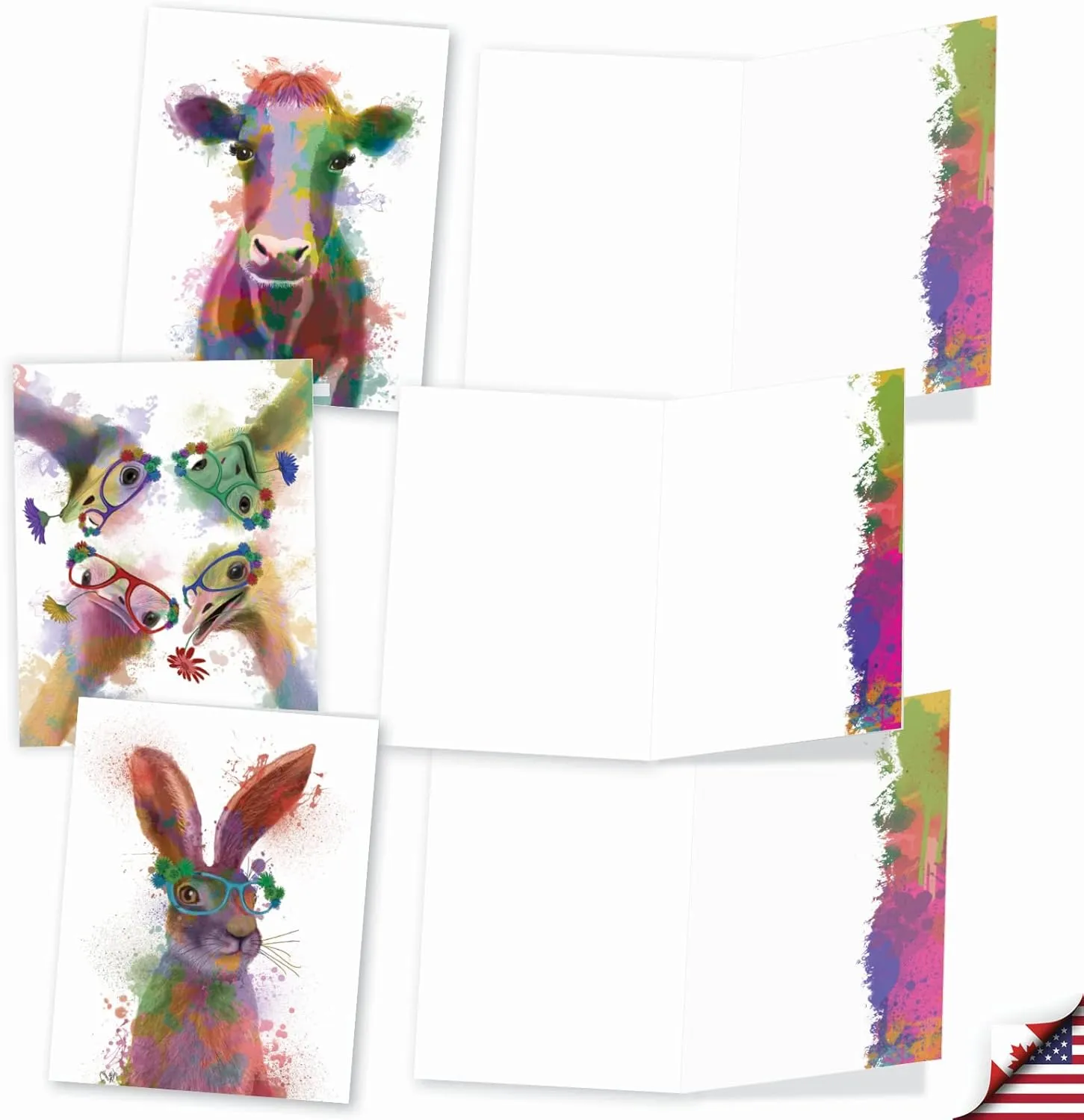 The Best Card Company - 20 Assorted Watercolor Animal Blank Notecards Box Set 4 x 5 In with Envelopes (10 Designs) Kids Camp Note Cards Stationery Set, Funky Rainbow Wildlife AM4948OCB-B2x10