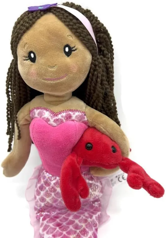 The Petting Zoo Mermaid Doll with Crab Stuffed Animal- Great Gifts for Girls, Plush Doll Mermaid with Crab Plush Toy-17 Inches, Dark Skinned
