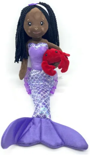 The Petting Zoo Mermaid Doll with Crab Stuffed Animal- Great Gifts for Girls, Plush Mermaid Doll Stuffed Animal-17 Inches (African American)