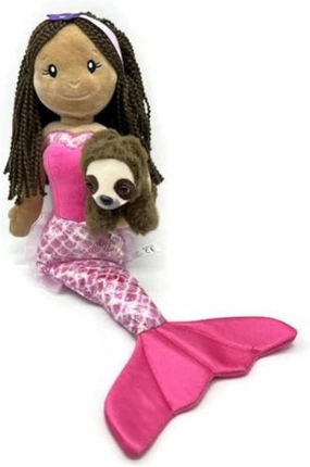 The Petting Zoo Mermaid Doll with Sloth Plush Toy, Gifts for Girls, Plush Mermaid Doll with Sloth Stuffed Animal, 16in Dark Skinned