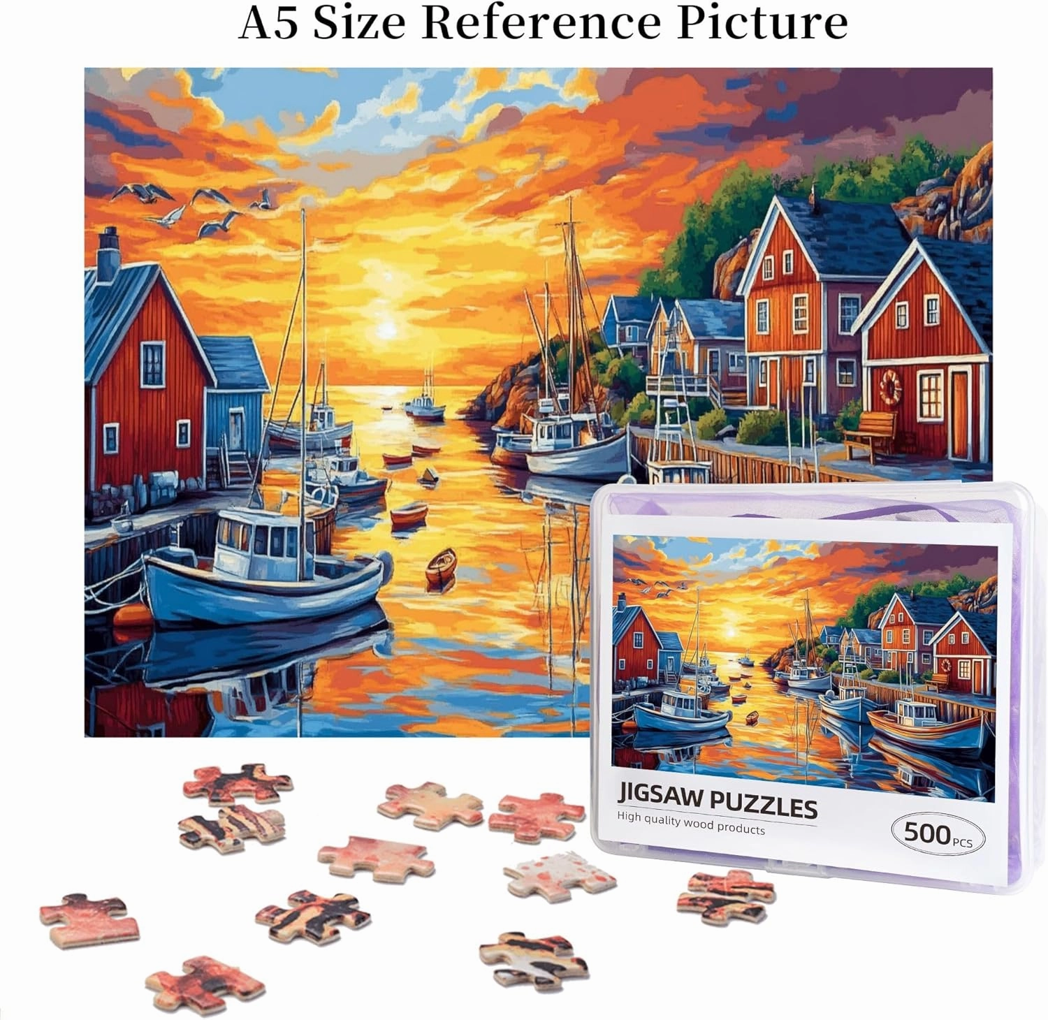 The Sunset Fishing Boat Puzzle 500 Pieces, Natural Landscape Wooden Puzzle, is The Ideal Choice for Landscape Lovers, is Creative Games and Holiday Party Gifts Art Wall Home Decoration