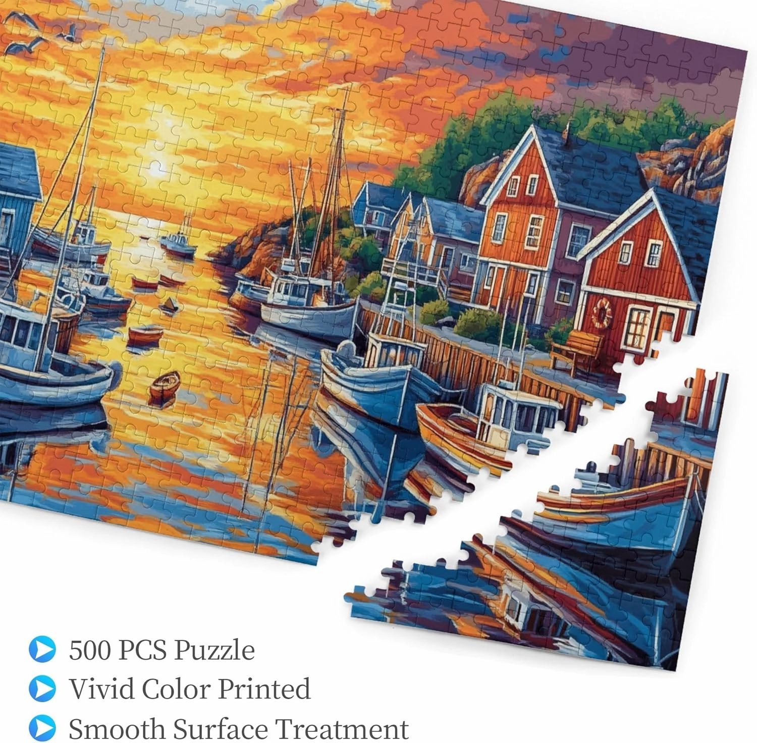 The Sunset Fishing Boat Puzzle 500 Pieces, Natural Landscape Wooden Puzzle, is The Ideal Choice for Landscape Lovers, is Creative Games and Holiday Party Gifts Art Wall Home Decoration