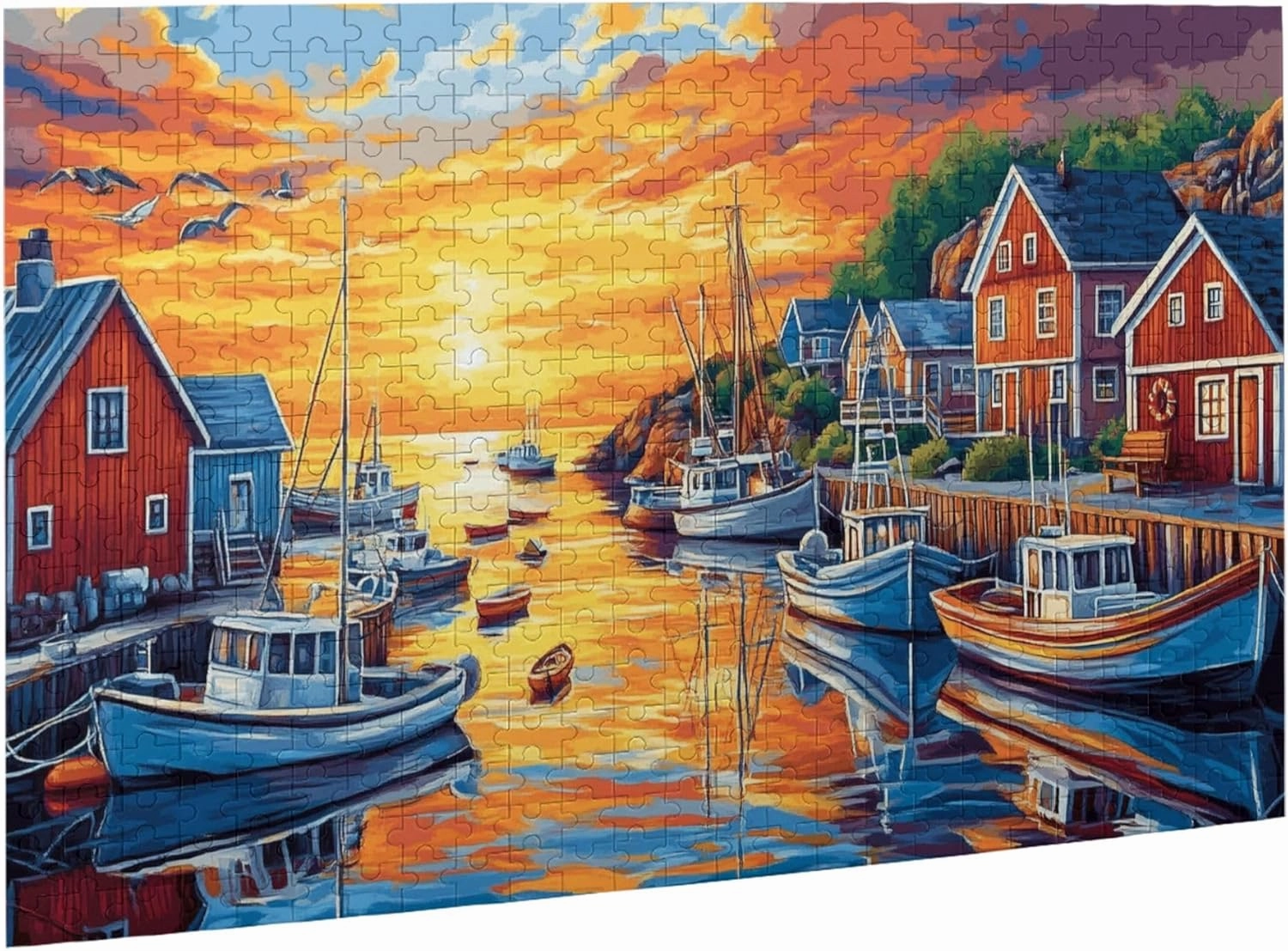 The Sunset Fishing Boat Puzzle 500 Pieces, Natural Landscape Wooden Puzzle, is The Ideal Choice for Landscape Lovers, is Creative Games and Holiday Party Gifts Art Wall Home Decoration