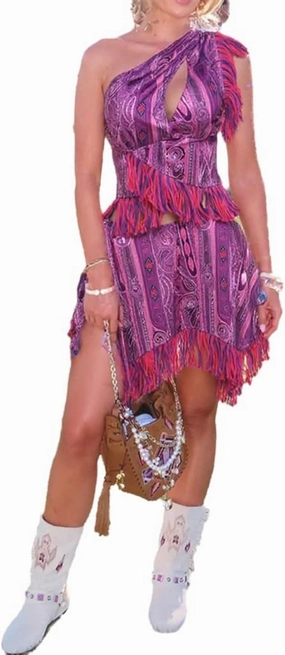 THLAI Women 2 Piece Skirt Sets Tassel One Shoulder Sleeveless Top and Wrap Mini Skirt Set Summer Cowgirl Outfits