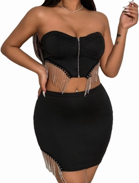 THLAI Womens 2 Piece Sexy Tassels Skirt Sets Tube Zip Top Mini Skirt Solid Party Slim Club Summer Outfits