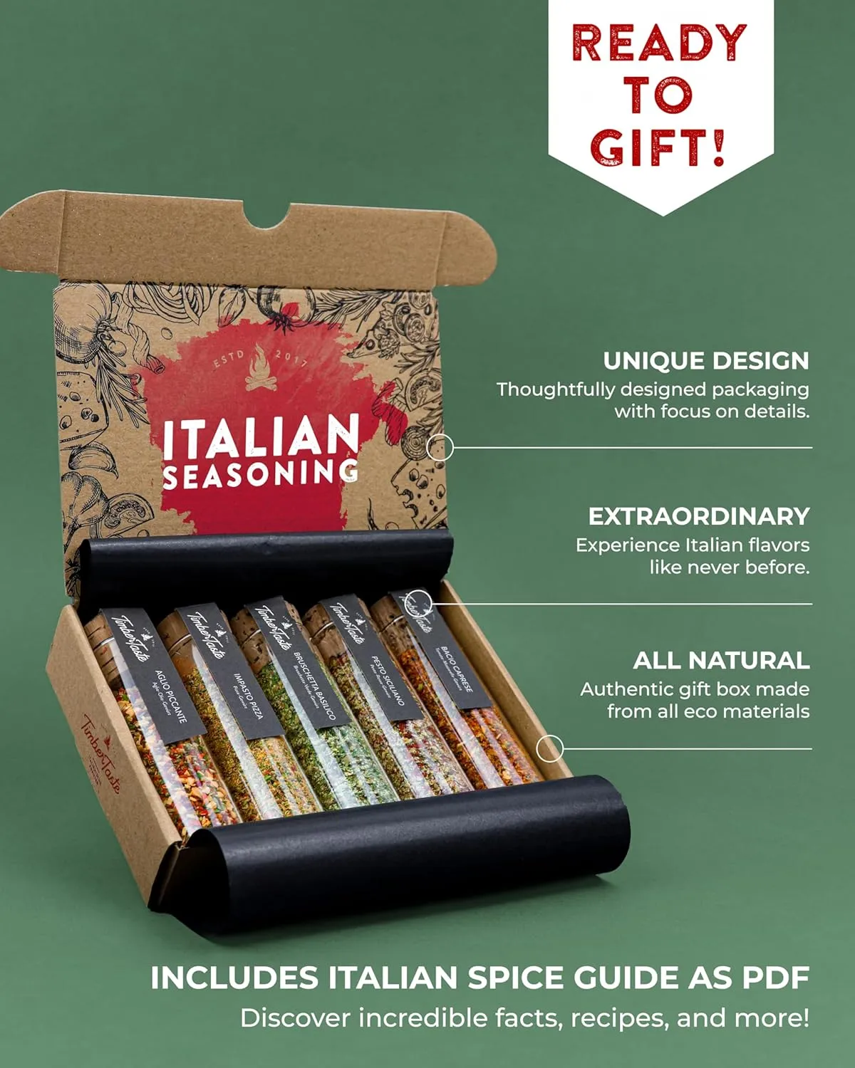 TIMBER TASTE® Italian Spice Gift Set - Gourmet Italian Seasoning Blends - Spices & Seasoning Set for Men & Women - Italian Spices & Seasoning Set for Birthday Gifts for Men - Mens Birthday Gift Ideas