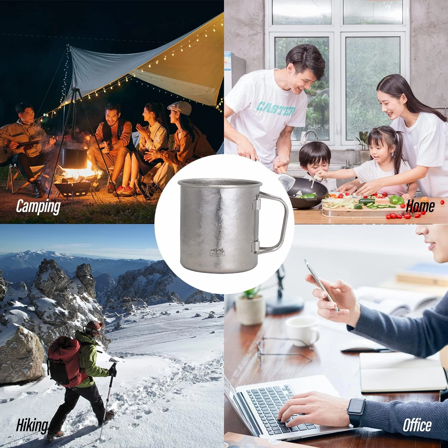 TiTo Titanium Cup Titanium Pot with Lid Ultralight Portable 450ml Foldable Handle Camping Tea Coffee Water Mug for Outdoor Backpacking Hiking Picnic Drinkware with Mesh Sack (Rose Red)