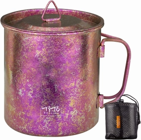 TiTo Titanium Cup Titanium Pot with Lid Ultralight Portable 450ml Foldable Handle Camping Tea Coffee Water Mug for Outdoor Backpacking Hiking Picnic Drinkware with Mesh Sack (Rose Red)