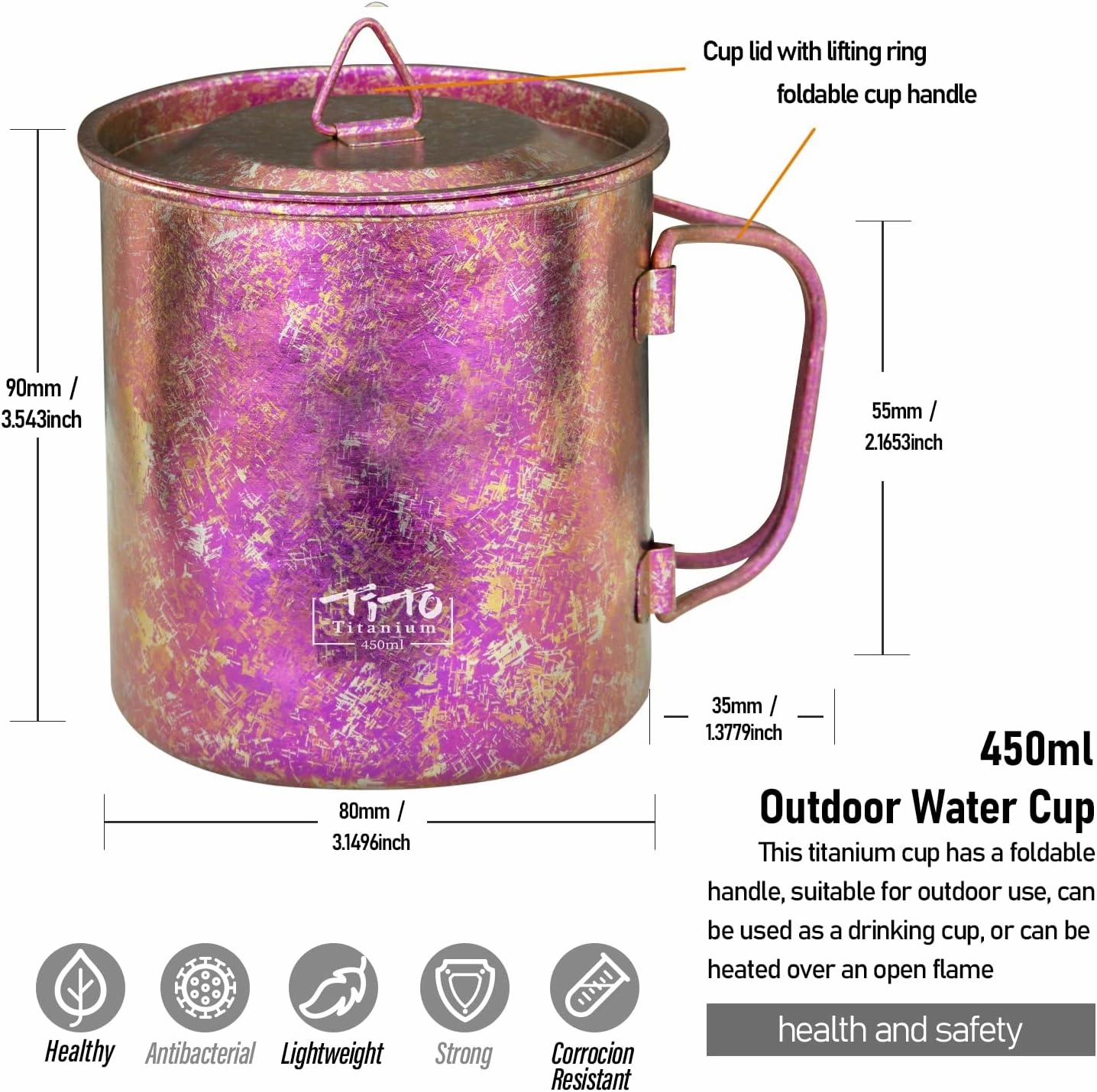 TiTo Titanium Cup Titanium Pot with Lid Ultralight Portable 450ml Foldable Handle Camping Tea Coffee Water Mug for Outdoor Backpacking Hiking Picnic Drinkware with Mesh Sack (Rose Red)