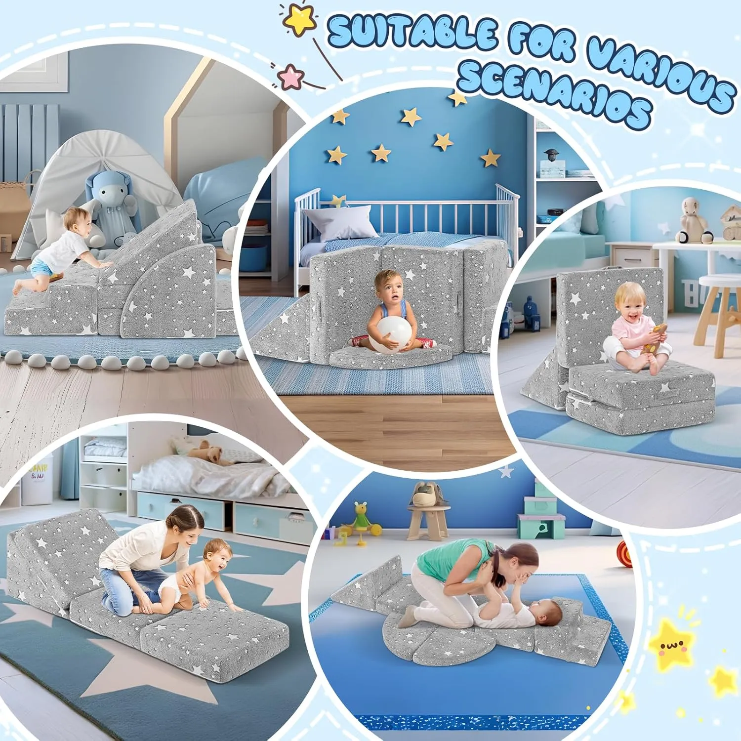 Toddler Climbing Toys Indoor, 5PCS Baby Toddler Foam Climbing Blocks, Ideal Crawling Exploration Soft Play Set For Toddlers 1-3, Baby Foam Play Climbing Gym, Glowing Star Climbing Toys for 1 Year Old