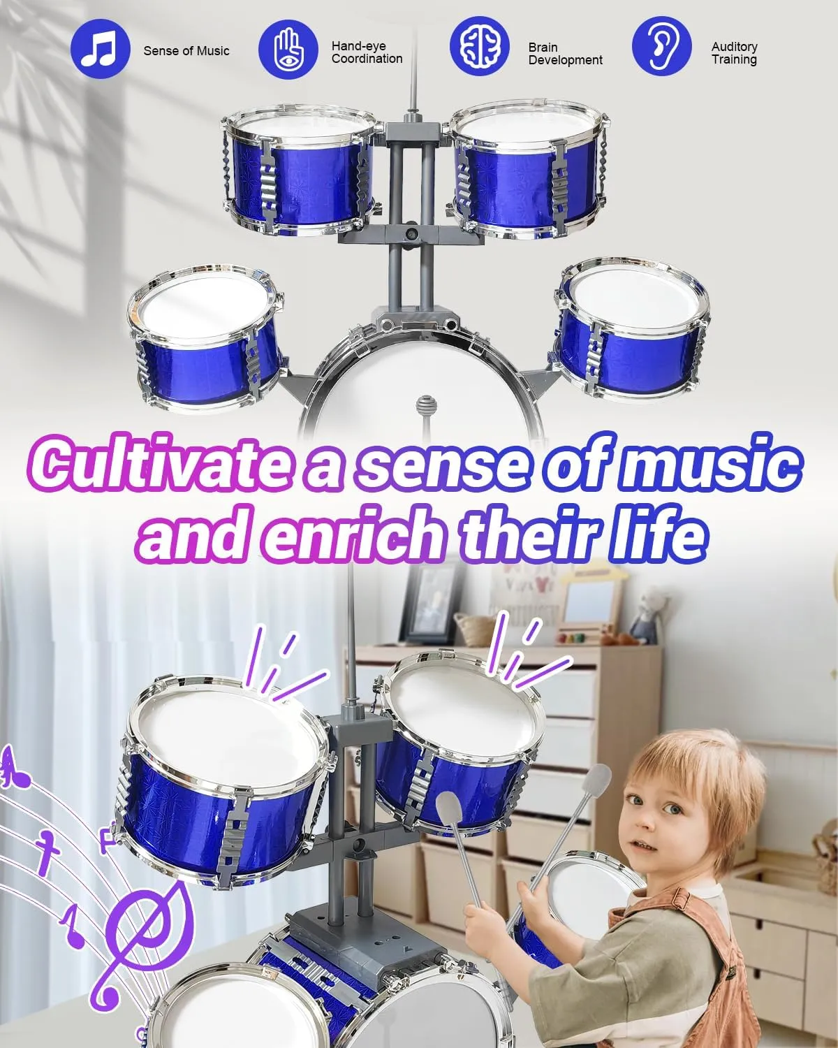 Toddler's Jazz Drum Set Kit - Musical Toys for Kids, 1-8 Years, Christmas & Birthday Gifts