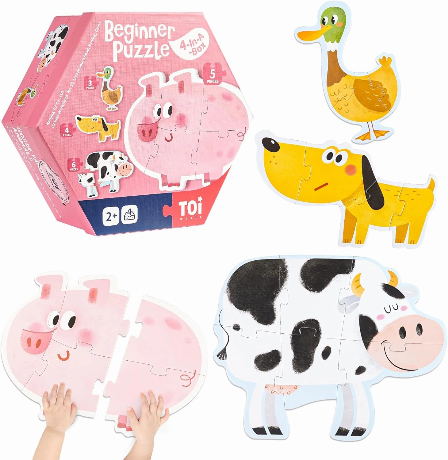 TOI Large Piece Toddler Puzzles for 2-4 Years Old, 4 Packs Beginner Puzzles for Toddlers, Kids Big Shape Preschool Learning Puzzle for Boys Girls Gift, Farm Animals