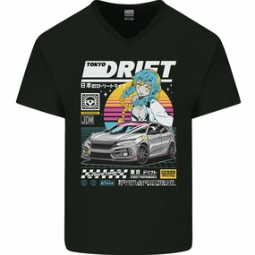 Tokyo Drifting Anime Drift Car Japan Mens V-Neck Cotton T-Shirt